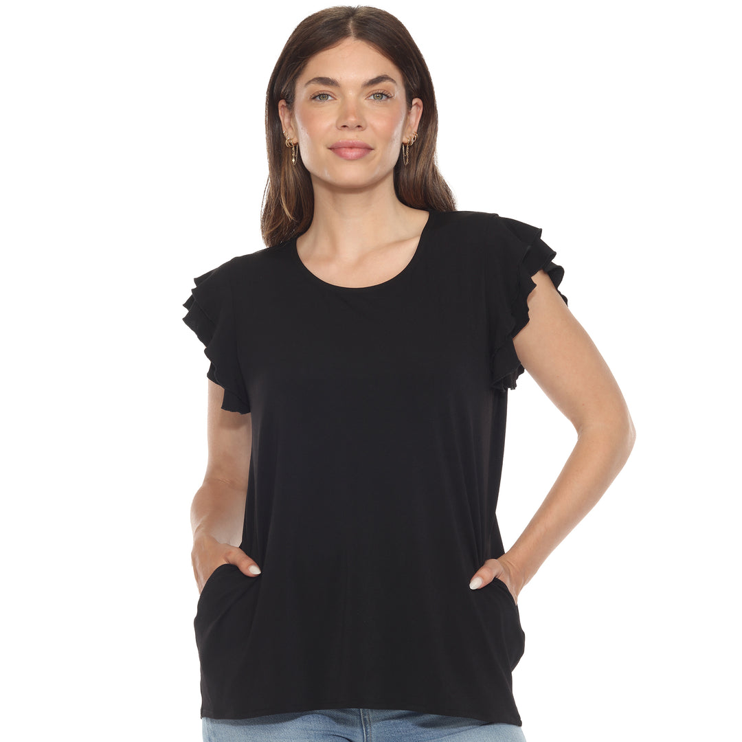 Women’s black short sleeve top with layered ruffle sleeves and a relaxed fit, perfect for casual styling.