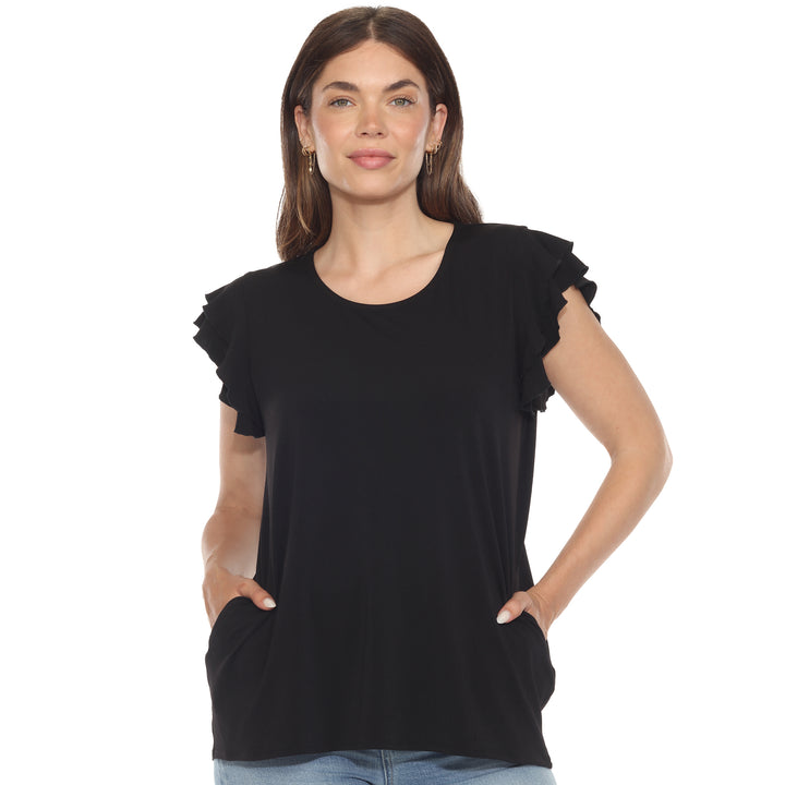 Women’s black short sleeve top with layered ruffle sleeves and a relaxed fit, perfect for casual styling.
