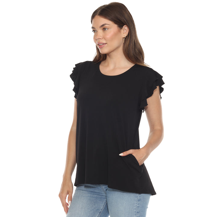 Women’s black short sleeve top with layered ruffle sleeves and a relaxed fit, perfect for casual styling.