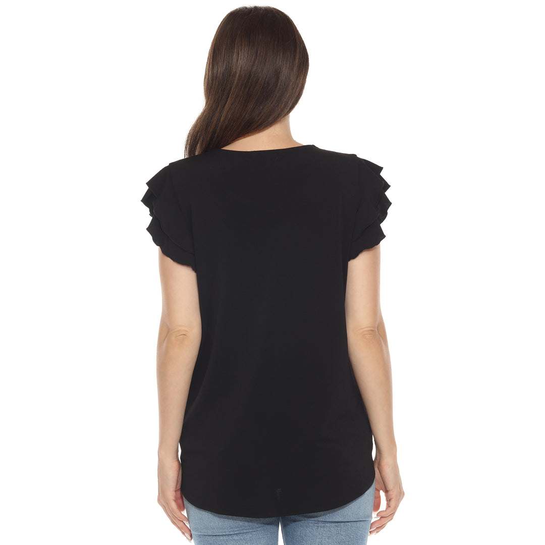 Women’s black short sleeve top with layered ruffle sleeves and a relaxed fit, perfect for casual styling.