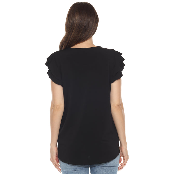 Women’s black short sleeve top with layered ruffle sleeves and a relaxed fit, perfect for casual styling.