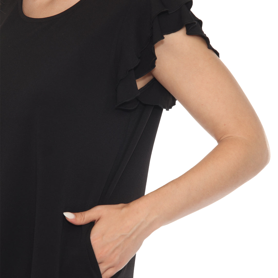Women’s black short sleeve top with layered ruffle sleeves and a relaxed fit, perfect for casual styling.