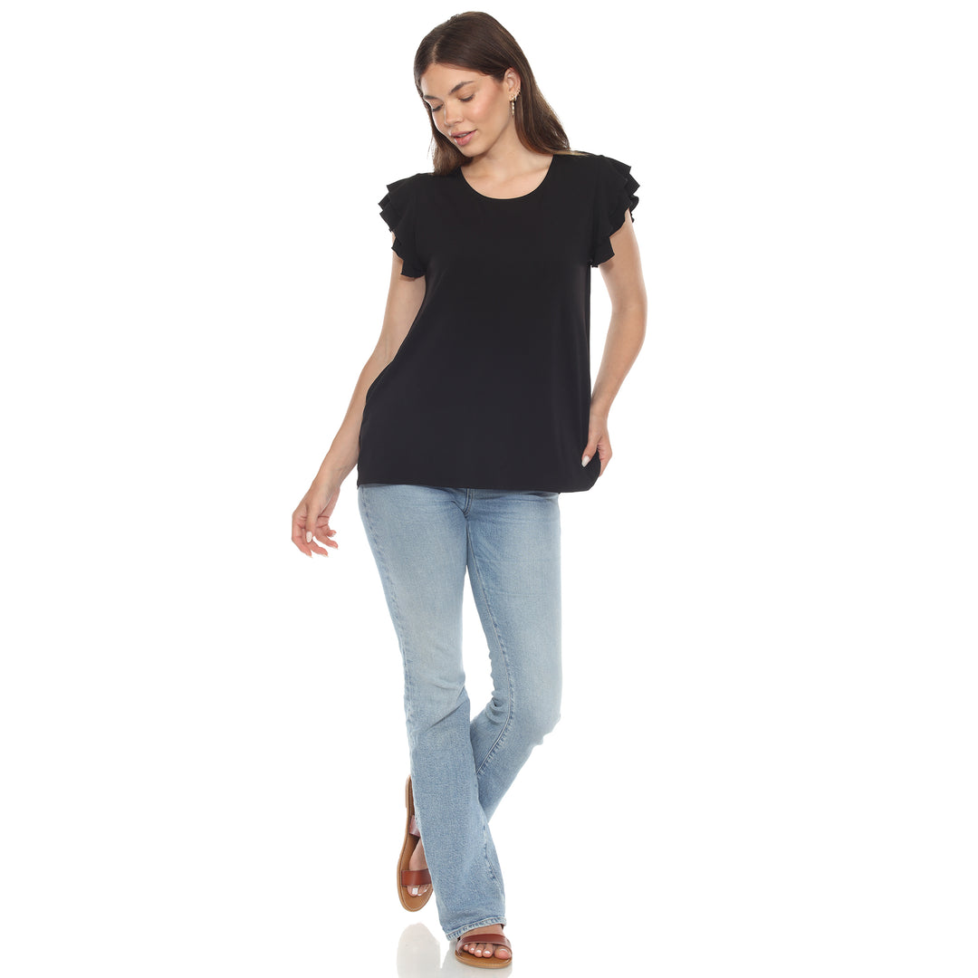 Women’s black short sleeve top with layered ruffle sleeves and a relaxed fit, perfect for casual styling.