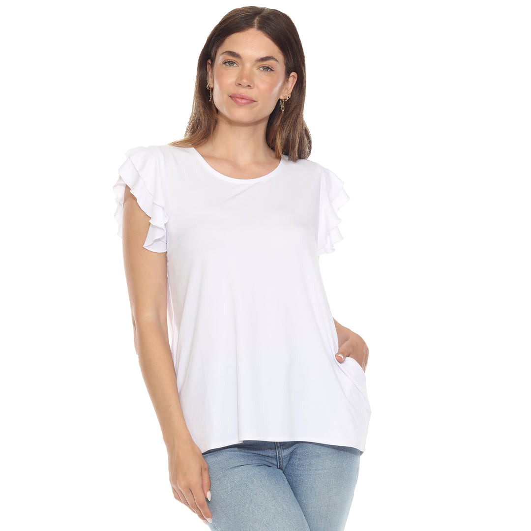 Women’s white short sleeve top with layered ruffle sleeves and a relaxed fit, perfect for casual styling.