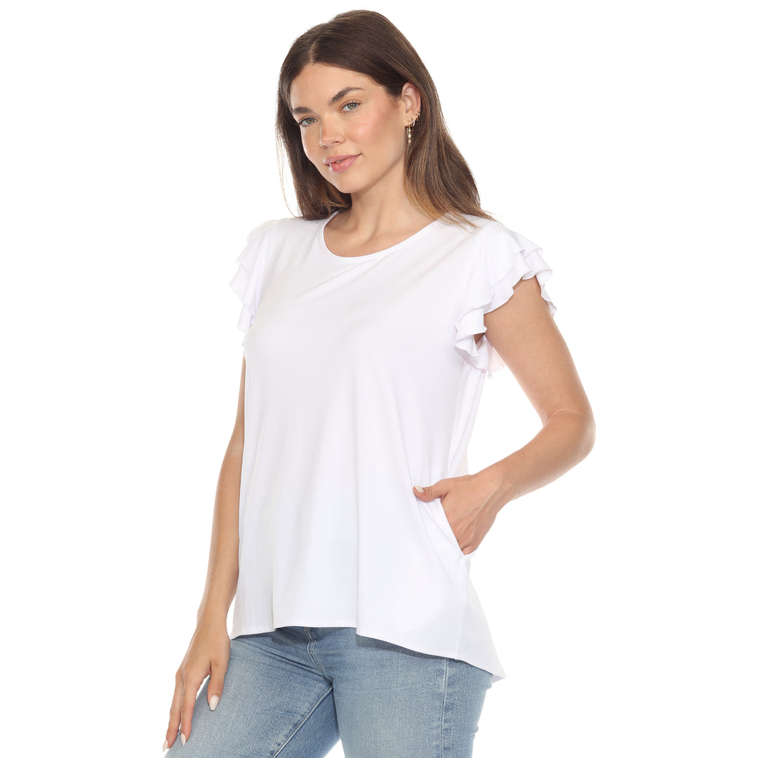 Women’s white short sleeve top with layered ruffle sleeves and a relaxed fit, perfect for casual styling.