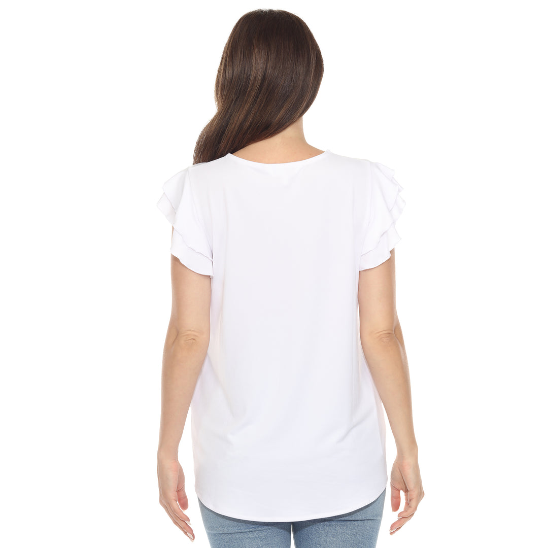 Women’s white short sleeve top with layered ruffle sleeves and a relaxed fit, perfect for casual styling.