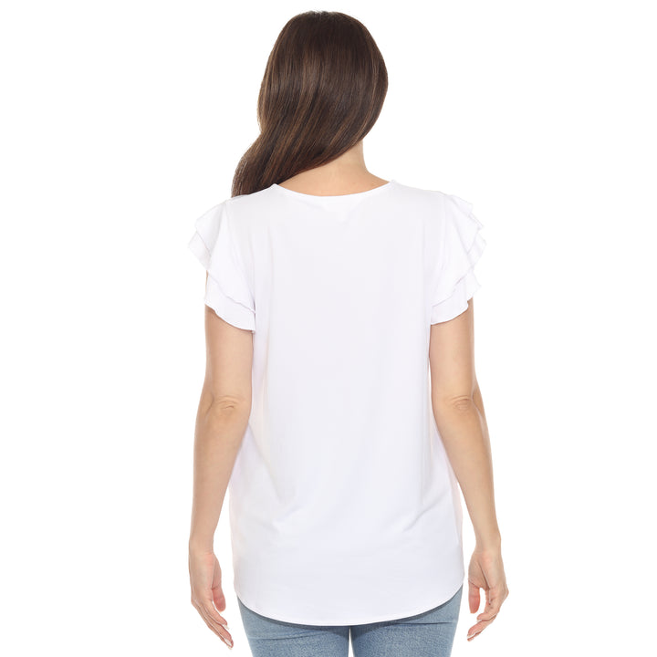Women’s white short sleeve top with layered ruffle sleeves and a relaxed fit, perfect for casual styling.