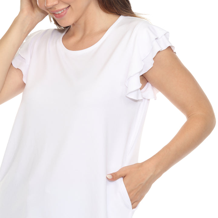 Women’s white short sleeve top with layered ruffle sleeves and a relaxed fit, perfect for casual styling.