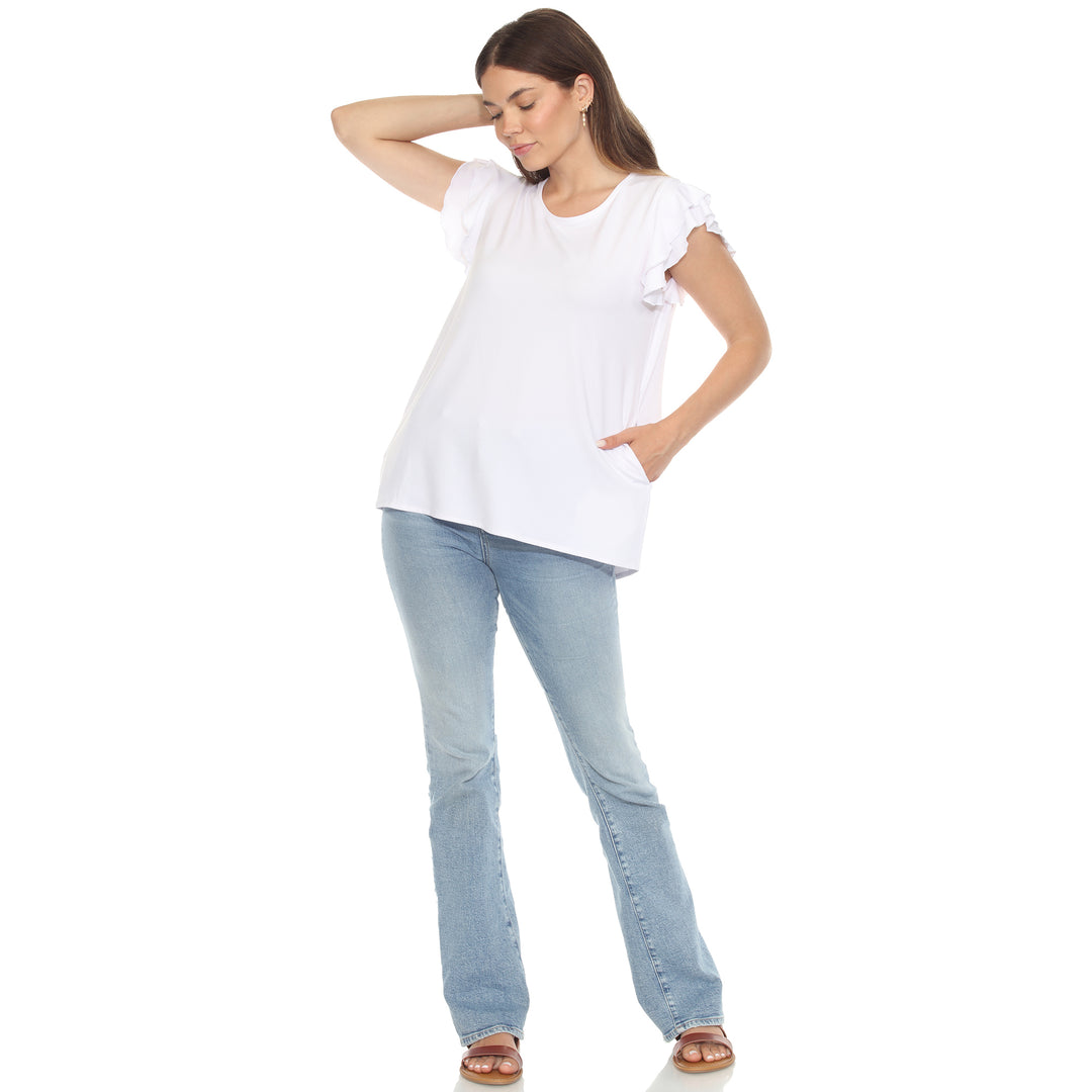 Women’s white short sleeve top with layered ruffle sleeves and a relaxed fit, perfect for casual styling.