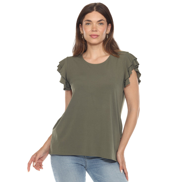 Women’s Olive short sleeve top with layered ruffle sleeves and a relaxed fit, perfect for casual styling.