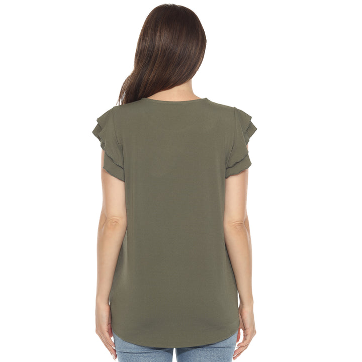 Women’s Olive short sleeve top with layered ruffle sleeves and a relaxed fit, perfect for casual styling.