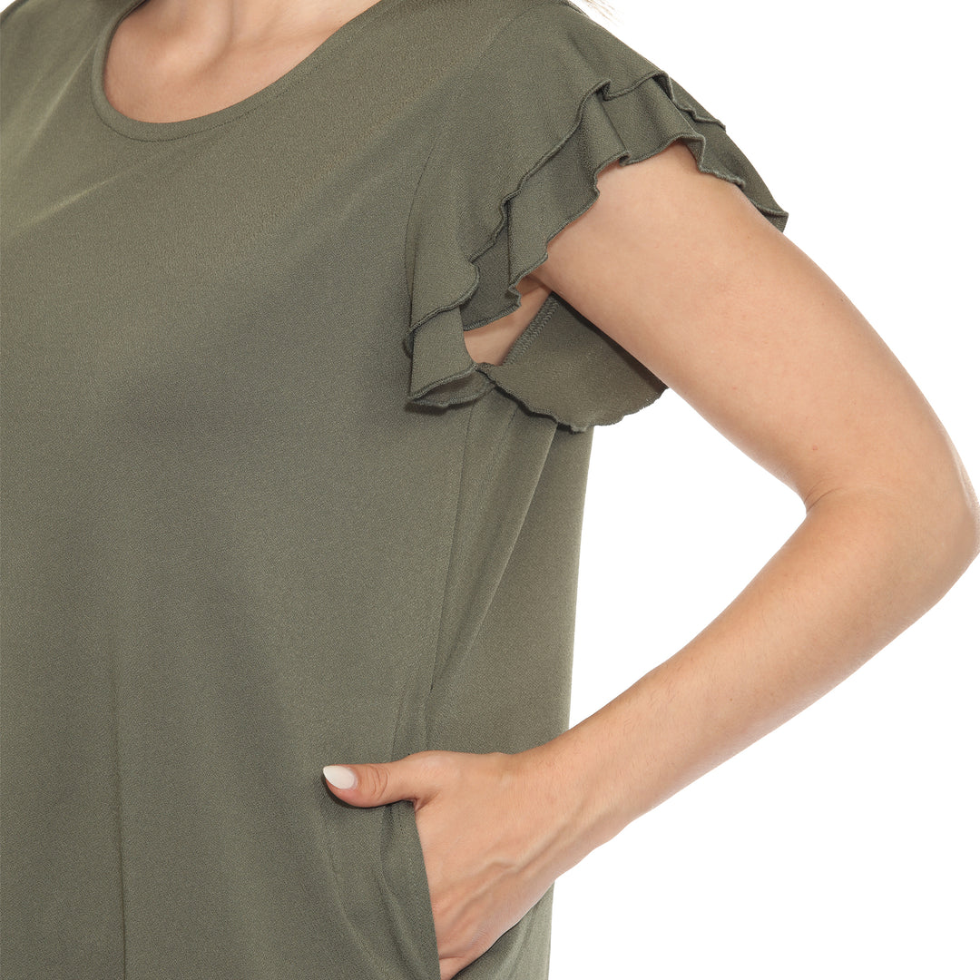 Women’s Olive short sleeve top with layered ruffle sleeves and a relaxed fit, perfect for casual styling.