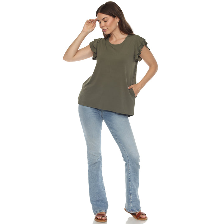 Women’s Olive short sleeve top with layered ruffle sleeves and a relaxed fit, perfect for casual styling.