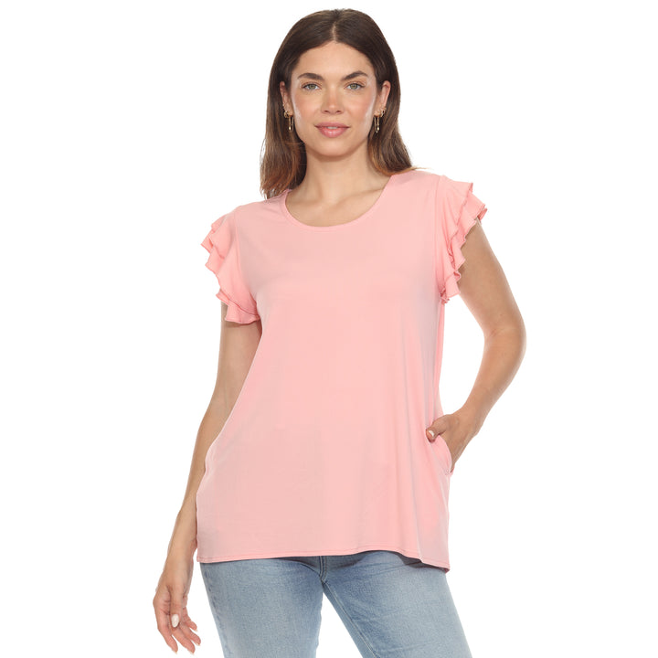 Women’s Pink short sleeve top with layered ruffle sleeves and a relaxed fit, perfect for casual styling.