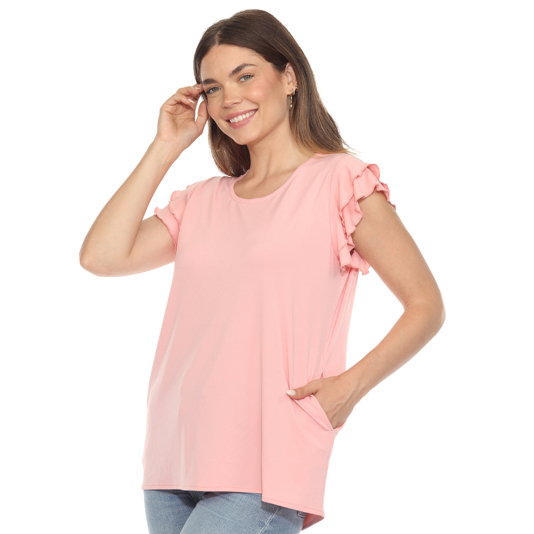 Women’s Pink short sleeve top with layered ruffle sleeves and a relaxed fit, perfect for casual styling.