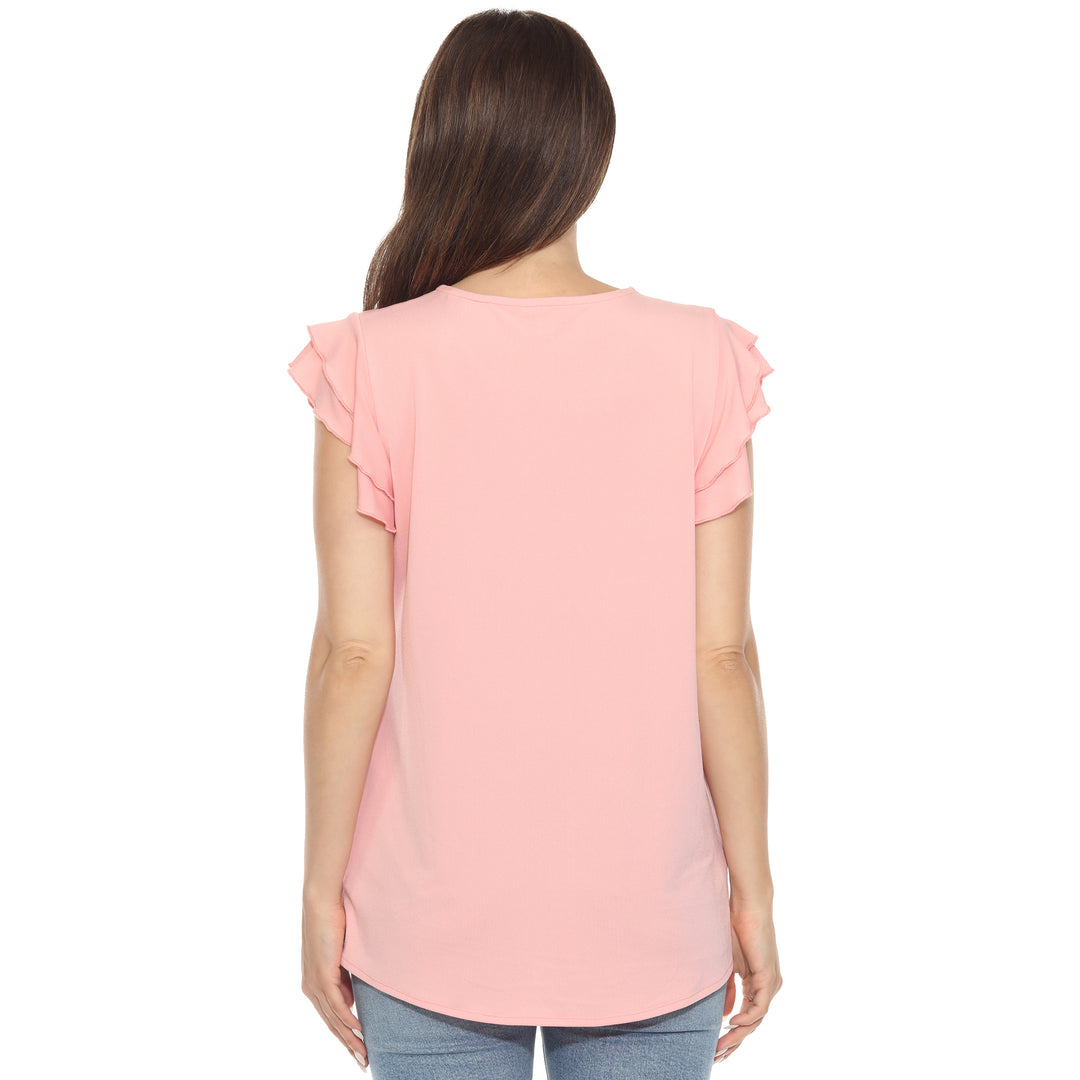 Women’s Pink short sleeve top with layered ruffle sleeves and a relaxed fit, perfect for casual styling.