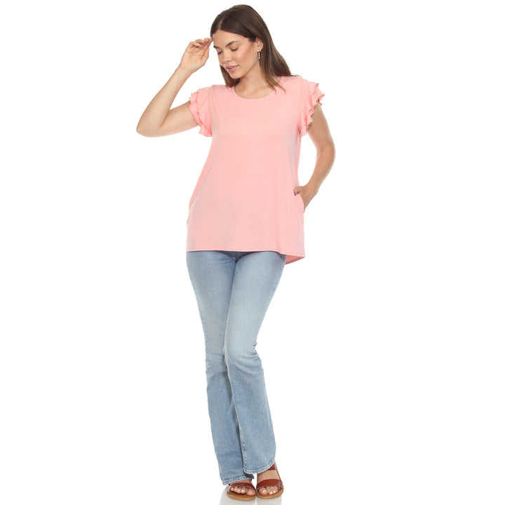 Women’s Pink short sleeve top with layered ruffle sleeves and a relaxed fit, perfect for casual styling.