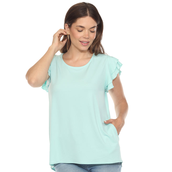 Women’s light aqua short sleeve top with layered ruffle sleeves and a relaxed fit, perfect for casual styling.