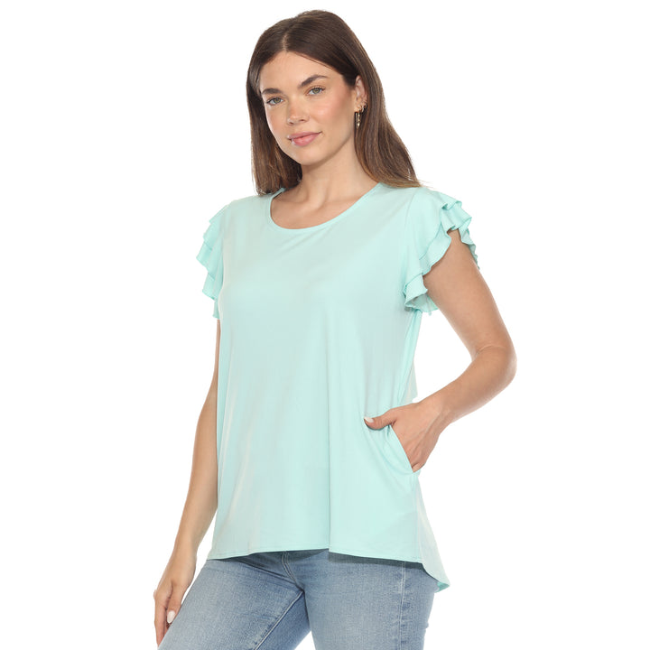 Women’s light aqua short sleeve top with layered ruffle sleeves and a relaxed fit, perfect for casual styling.