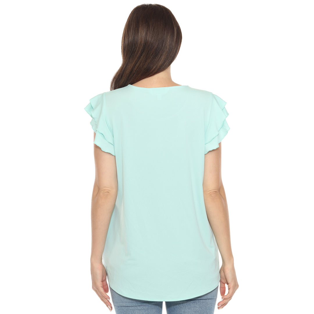 Women’s light aqua short sleeve top with layered ruffle sleeves and a relaxed fit, perfect for casual styling.