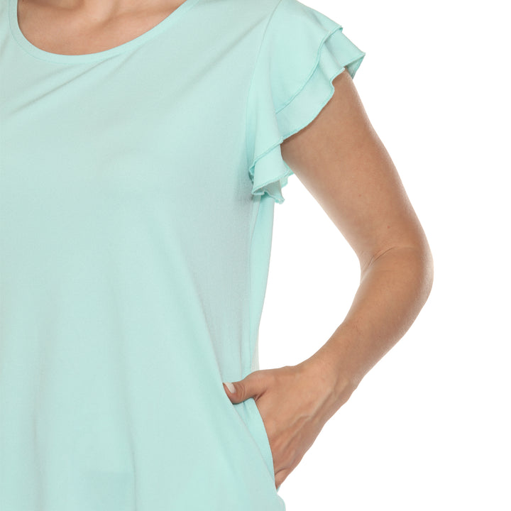 Women’s light aqua short sleeve top with layered ruffle sleeves and a relaxed fit, perfect for casual styling.