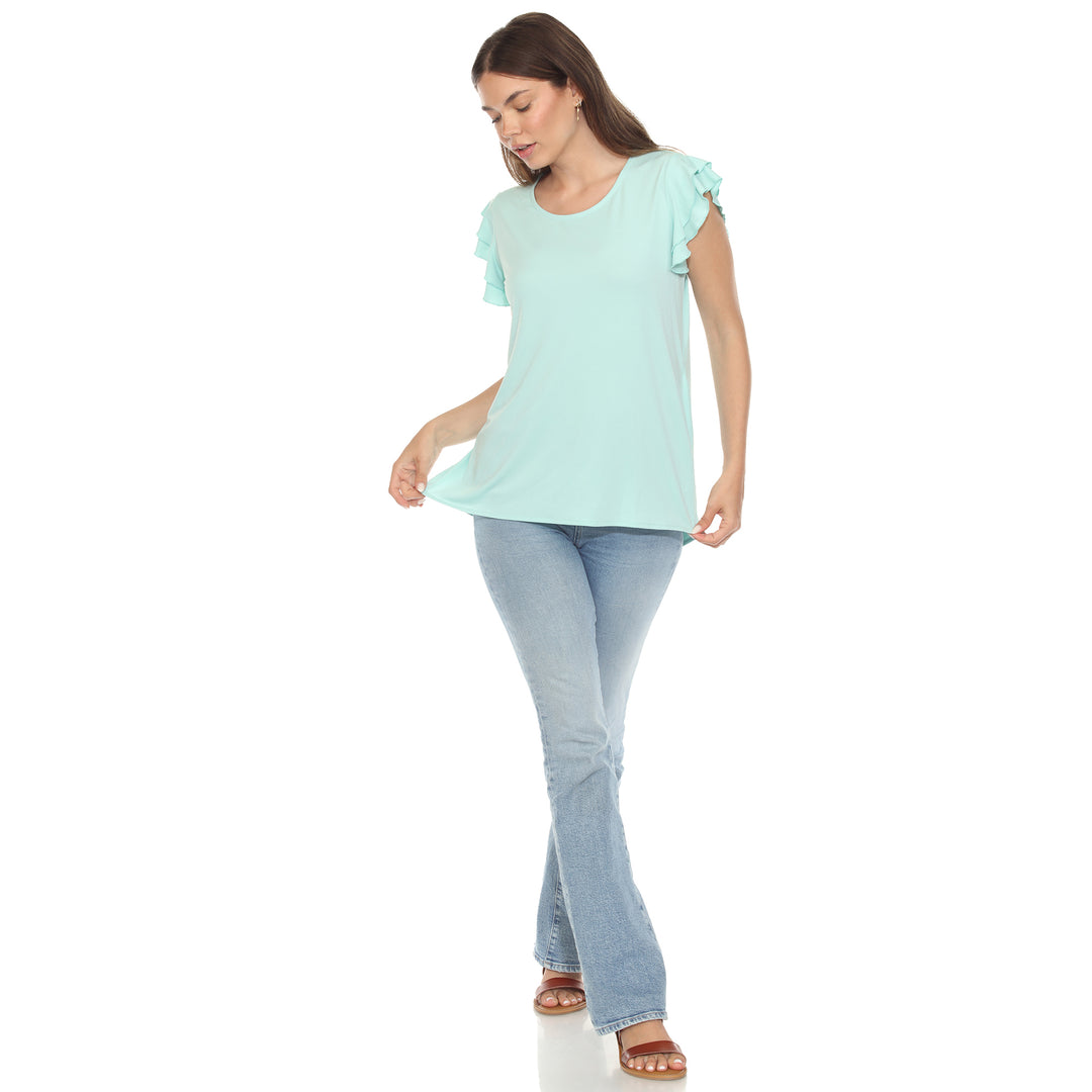 Women’s light aqua short sleeve top with layered ruffle sleeves and a relaxed fit, perfect for casual styling.