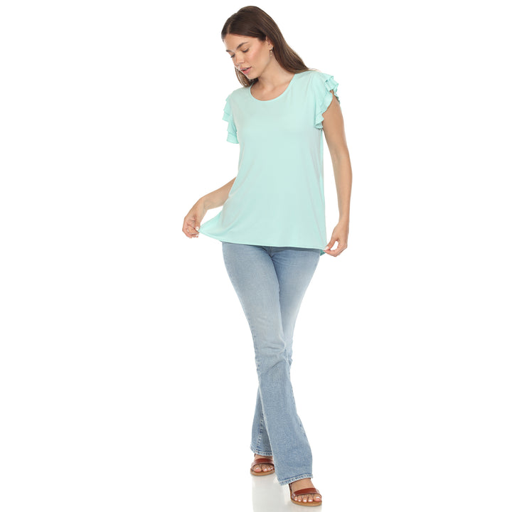 Women’s light aqua short sleeve top with layered ruffle sleeves and a relaxed fit, perfect for casual styling.