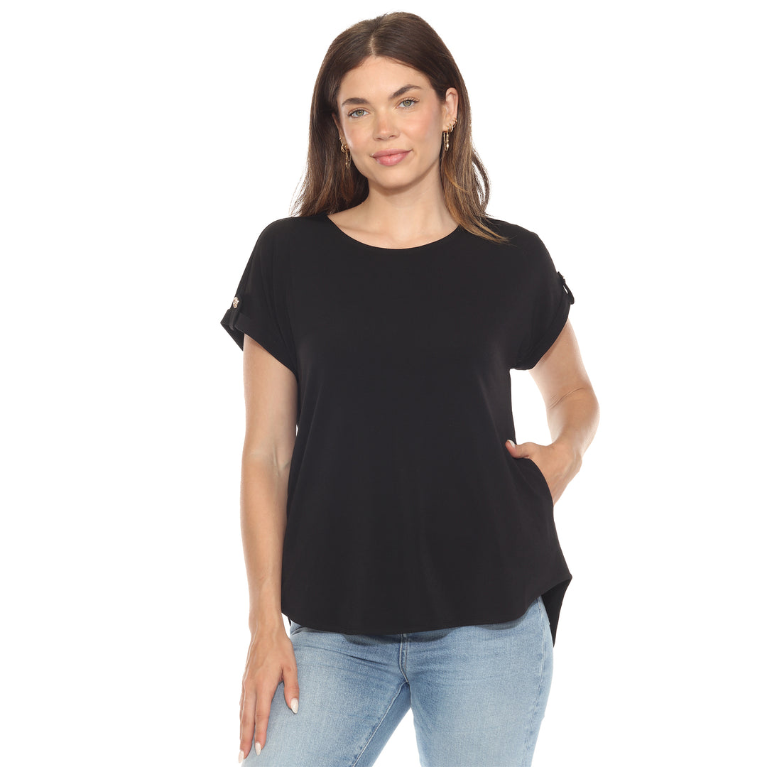 Women’s Black short sleeve top with rolled cuffs and button-tab detail, relaxed fit for casual wear.