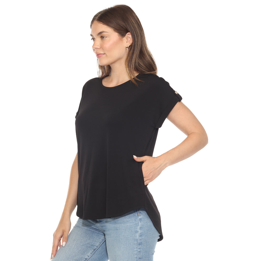 Women’s black short sleeve top with rolled cuffs and button-tab detail, relaxed fit for casual wear.