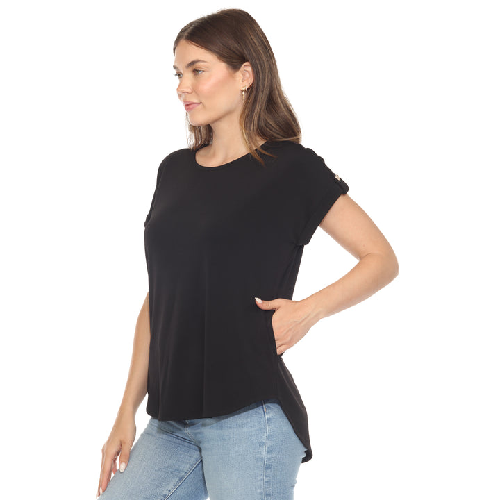 Women’s black short sleeve top with rolled cuffs and button-tab detail, relaxed fit for casual wear.