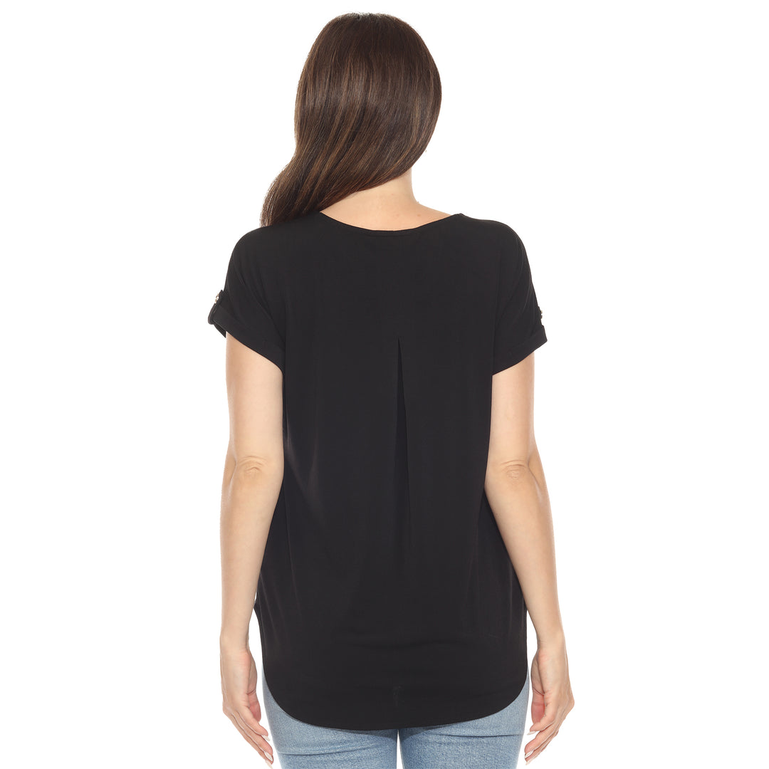 Women’s black short sleeve top with rolled cuffs and button-tab detail, relaxed fit for casual wear.