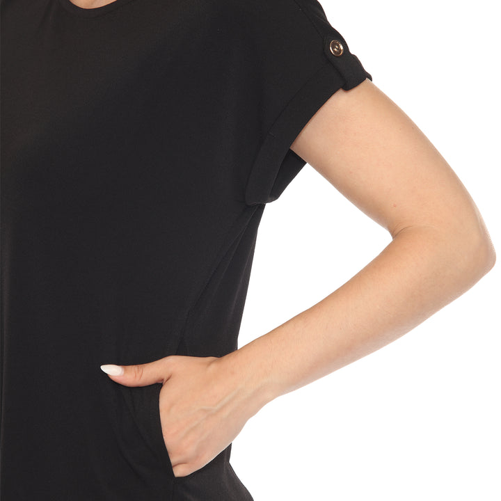 Women’s black short sleeve top with rolled cuffs and button-tab detail, relaxed fit for casual wear.