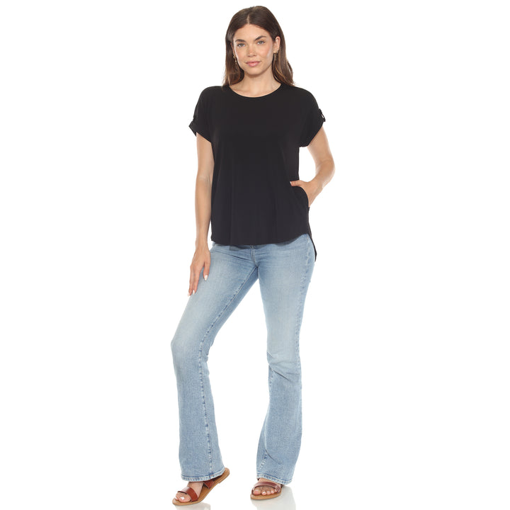 Women’s black short sleeve top with rolled cuffs and button-tab detail, relaxed fit for casual wear.