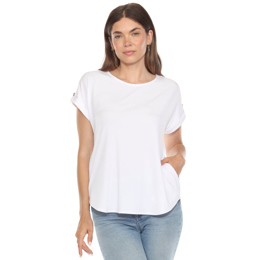 Women’s White short sleeve top with rolled cuffs and button-tab detail, relaxed fit for casual wear.
