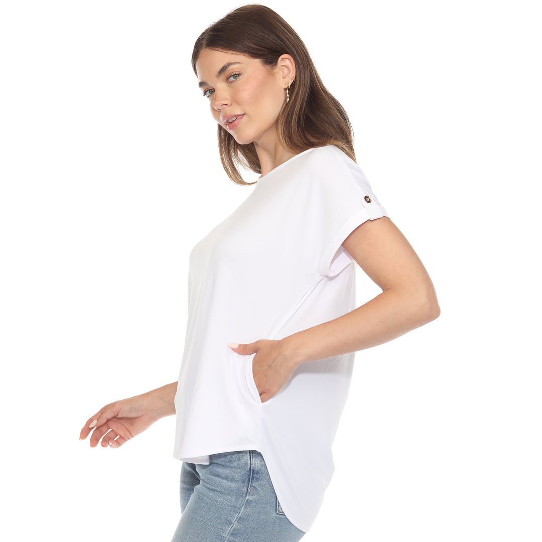 Women’s White short sleeve top with rolled cuffs and button-tab detail, relaxed fit for casual wear.