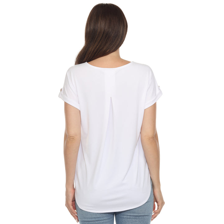 Women’s White short sleeve top with rolled cuffs and button-tab detail, relaxed fit for casual wear.