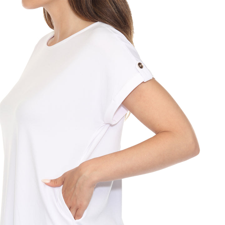 Women’s White short sleeve top with rolled cuffs and button-tab detail, relaxed fit for casual wear.