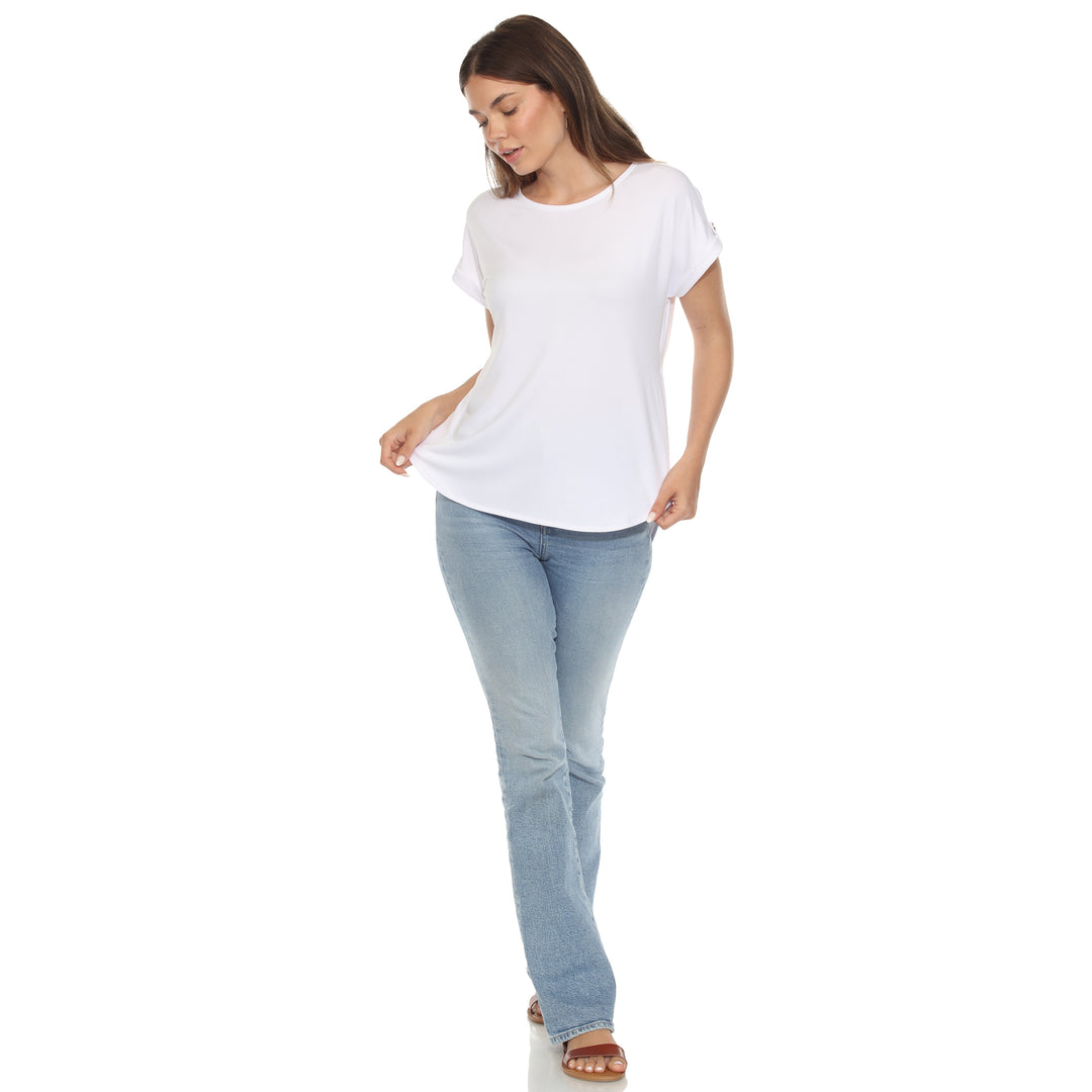 Women’s White short sleeve top with rolled cuffs and button-tab detail, relaxed fit for casual wear.
