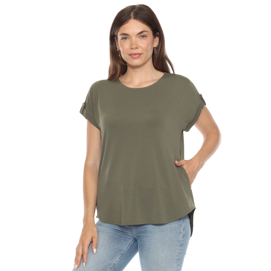 Women’s Olive short sleeve top with rolled cuffs and button-tab detail, relaxed fit for casual wear.