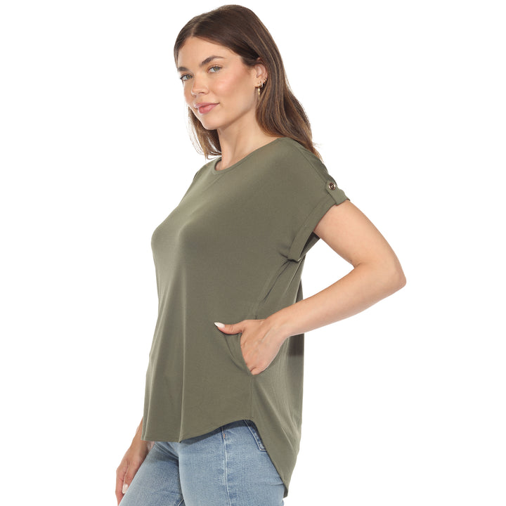 Women’s Olive short sleeve top with rolled cuffs and button-tab detail, relaxed fit for casual wear.