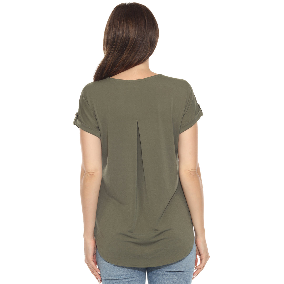 Women’s Olive short sleeve top with rolled cuffs and button-tab detail, relaxed fit for casual wear.