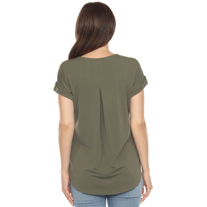 Women’s Olive short sleeve top with rolled cuffs and button-tab detail, relaxed fit for casual wear.