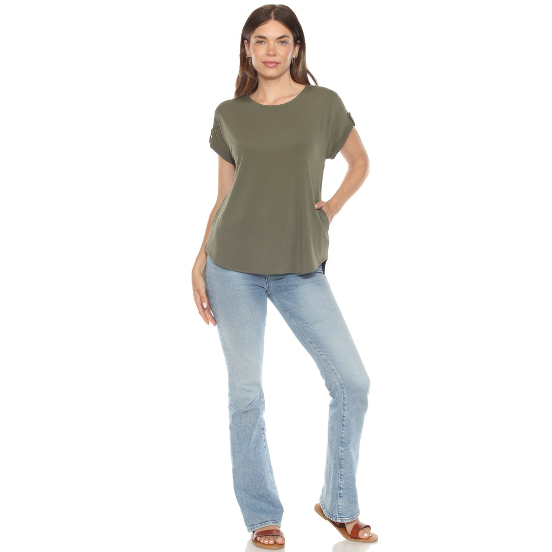 Women’s Olive short sleeve top with rolled cuffs and button-tab detail, relaxed fit for casual wear.