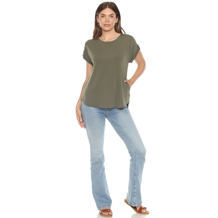 Women’s Olive short sleeve top with rolled cuffs and button-tab detail, relaxed fit for casual wear.