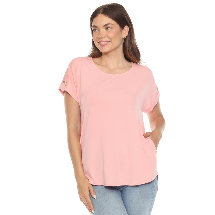 Women’s soft pink short sleeve top with rolled cuffs and button-tab detail, relaxed fit for casual wear.