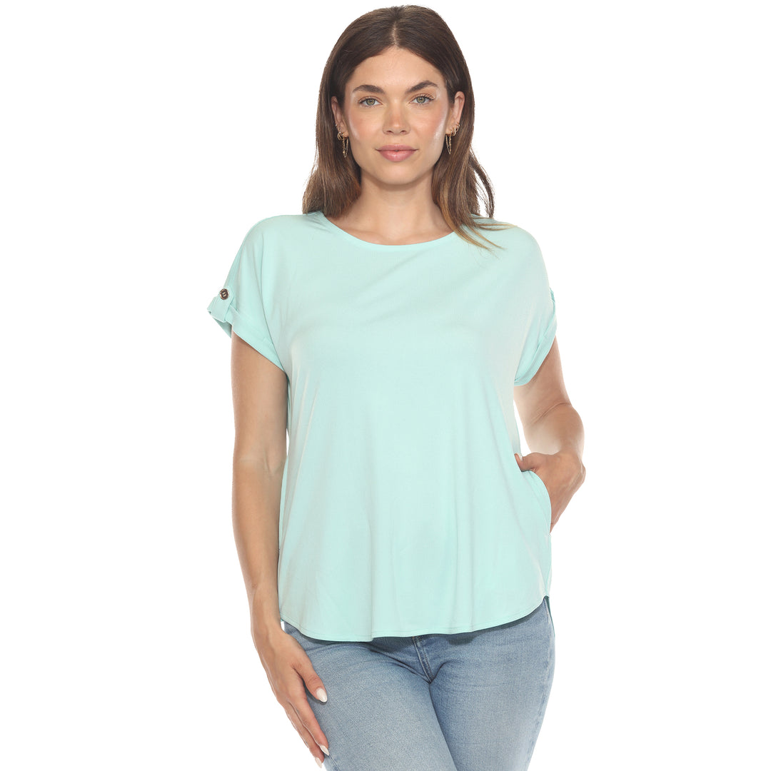 Women’s light aqua short sleeve top with rolled cuffs and button-tab detail, relaxed fit for casual wear.