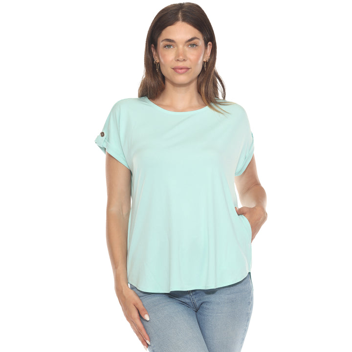 Women’s light aqua short sleeve top with rolled cuffs and button-tab detail, relaxed fit for casual wear.