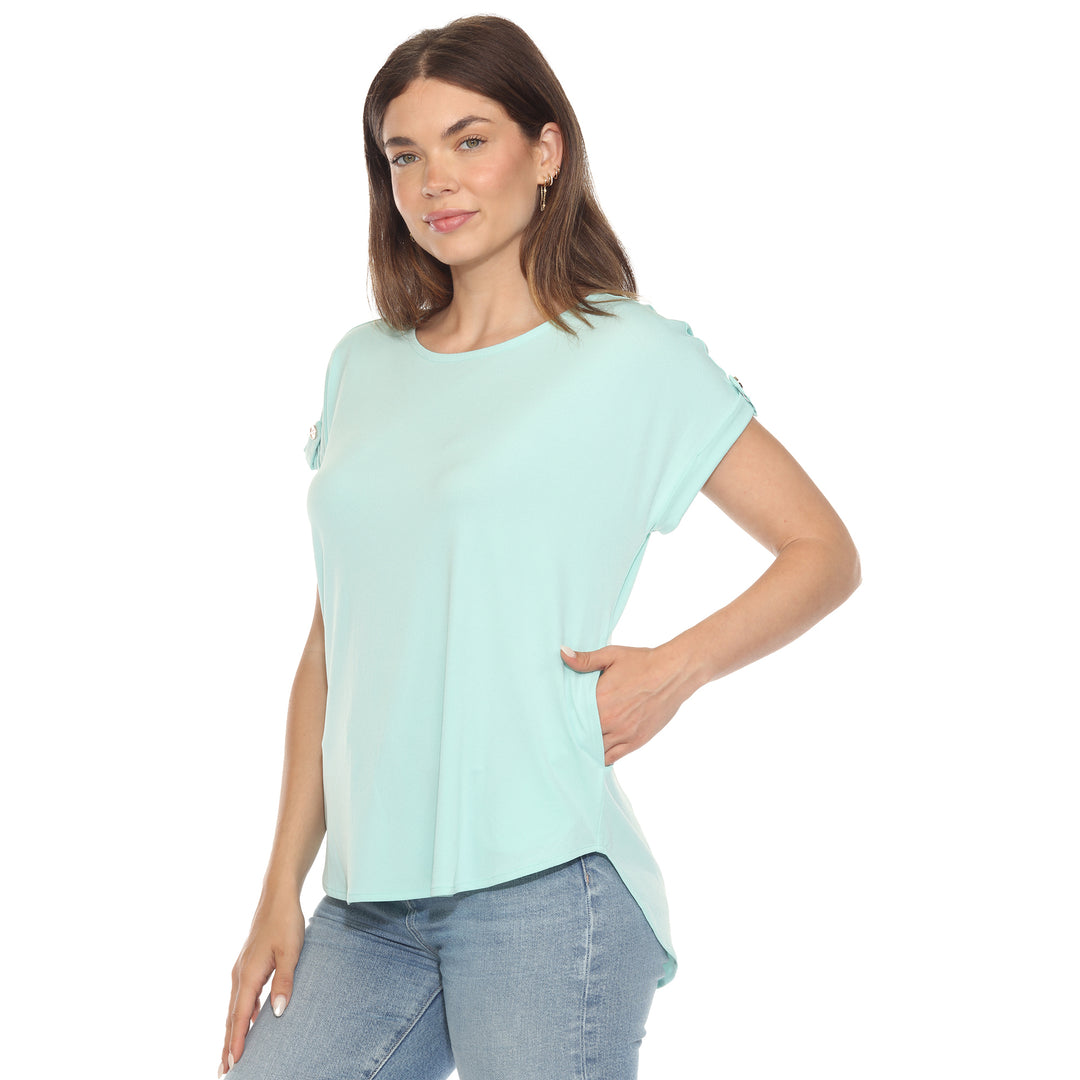 Women’s light aqua short sleeve top with rolled cuffs and button-tab detail, relaxed fit for casual wear.