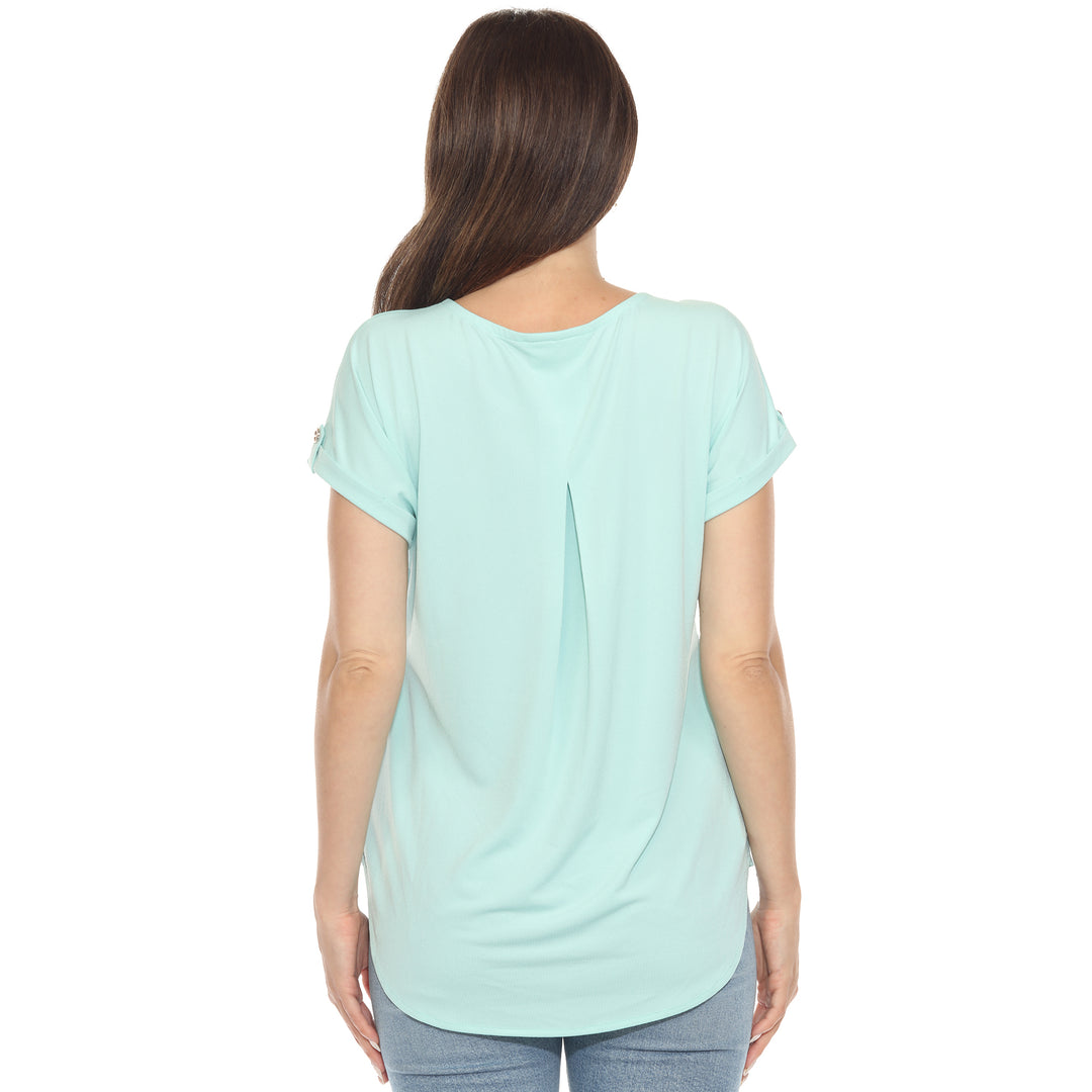 Women’s light aqua short sleeve top with rolled cuffs and button-tab detail, relaxed fit for casual wear.