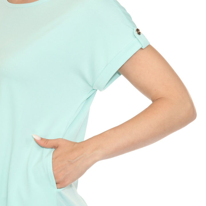 Women’s light aqua short sleeve top with rolled cuffs and button-tab detail, relaxed fit for casual wear.
